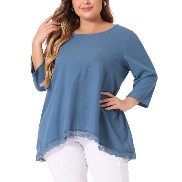 Plus Size 3/4 Sleeve Round Neck Lace Panel High Low Hem Blouse Blue - Picture 1 of 6